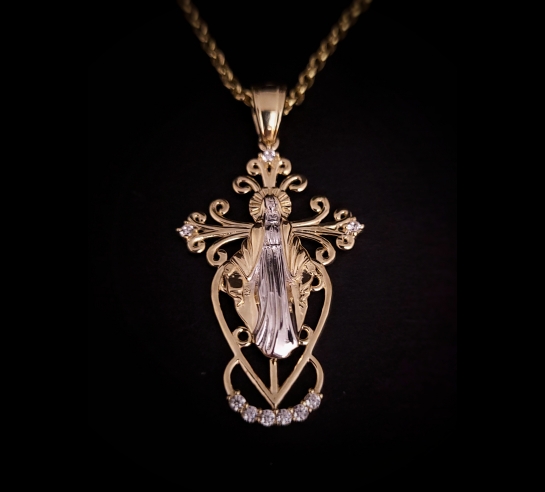 Zlatý prívesok kríž s Madonou